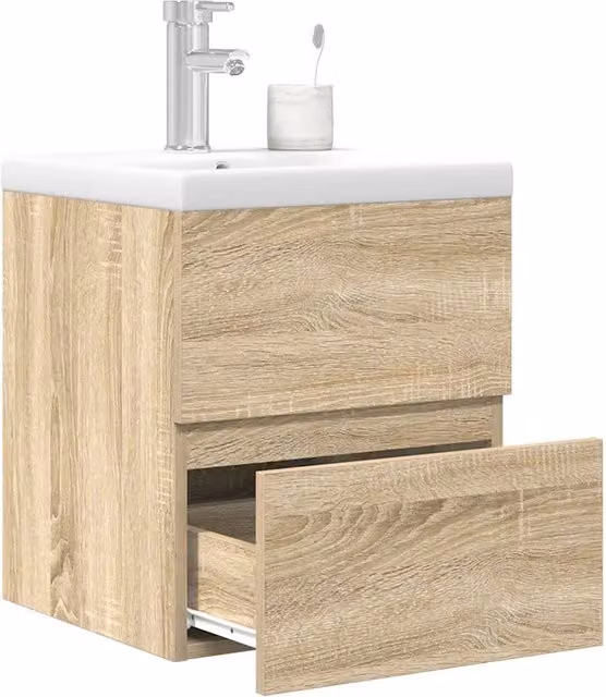 Set Mobili da Bagno vidaXL 2 Pezzi in Legno Rovere e Ceramica Bianca, Moderno e Appeso alla Parete, L/P/H: 45 x 38,5 x 41 cm