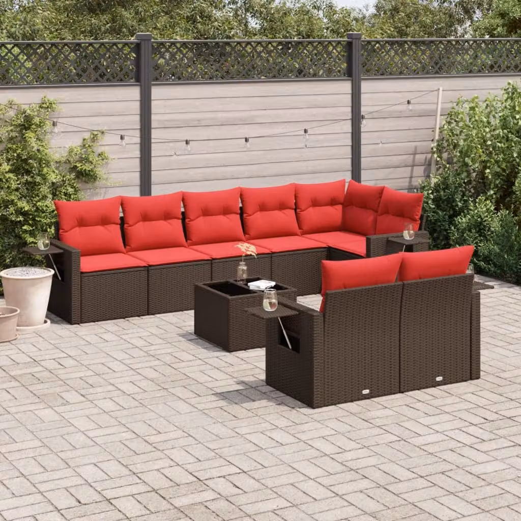Set Divani da Giardino vidaXL 9 pz in Polyrattan Marrone con Cuscini e Tavolino da Caffè