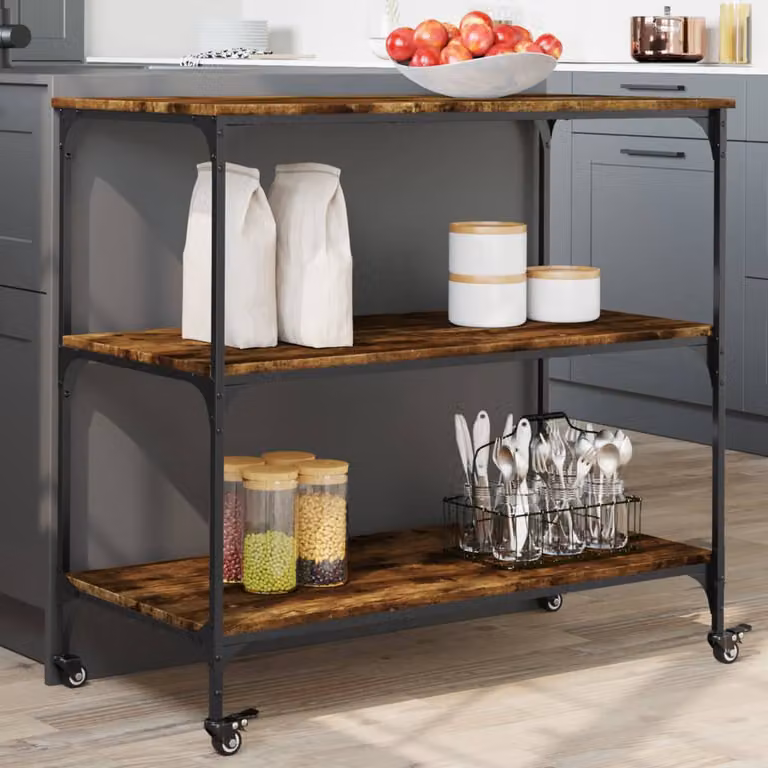 vidaXL Carrello da Cucina in Legno Rovere Fumo con Ruote, Stile Industrial, L/P/H: 102 x 50 x 95 cm