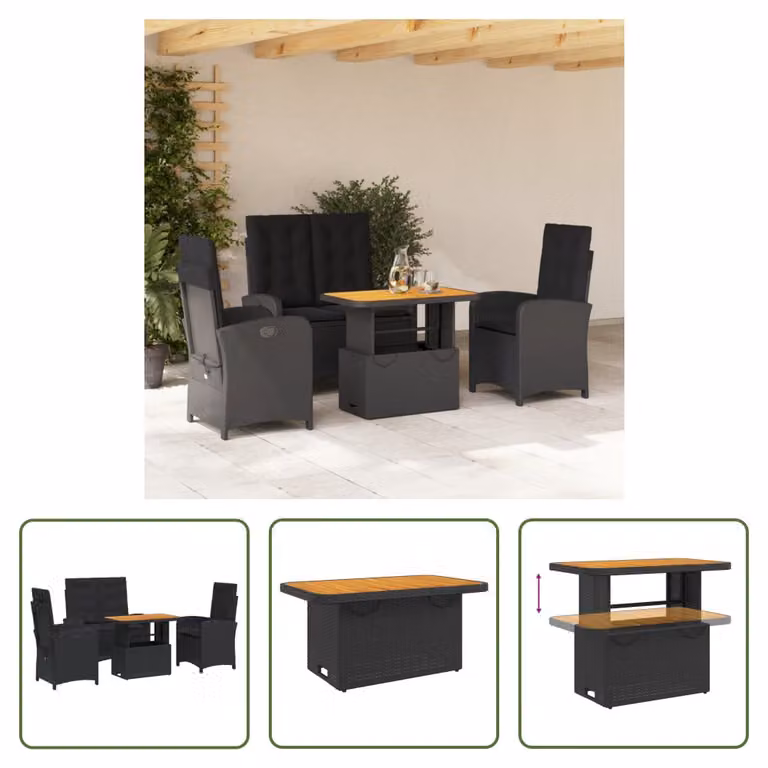 The Living Store Set da pranzo da giardino 4 pezzi con cuscini in poly rattan nero