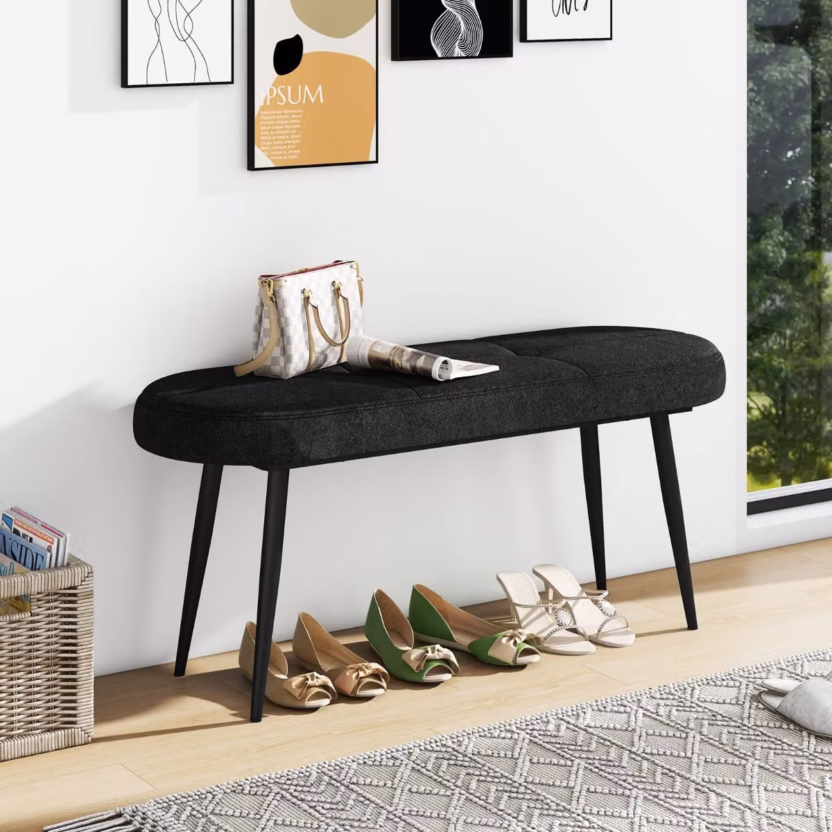 Panca scarpiera Costway con cuscino imbottito in spugna e gambe in metallo, Nero, L: 113 cm