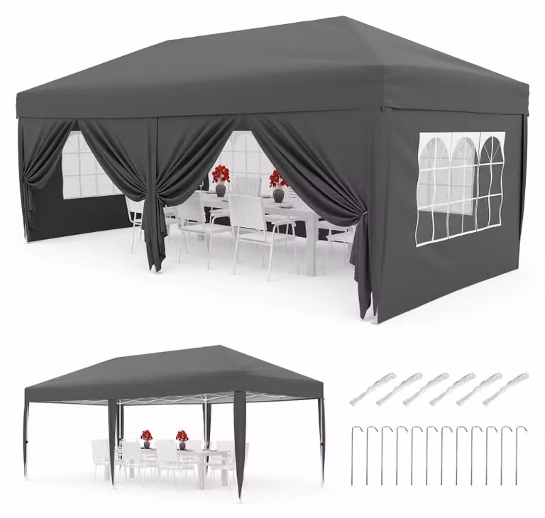 Gazebo pieghevole Pop Up 3x6 m - Tenda per feste impermeabile in tessuto Oxford 420D - Struttura in acciaio - Regolabile in altezza - Con 6 pareti laterali - Grigio