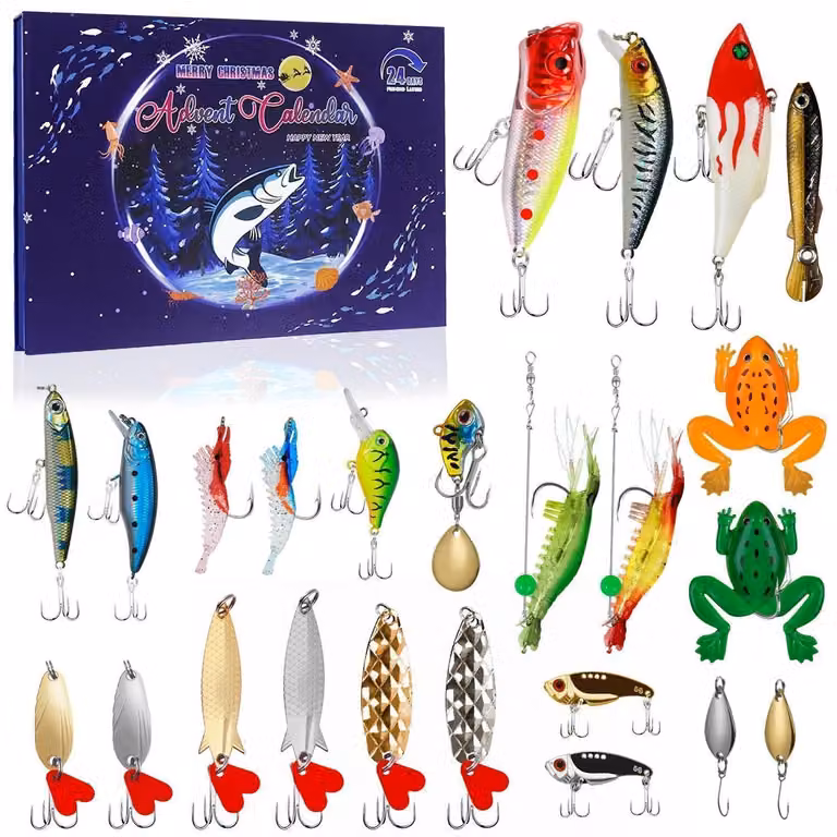 Calendario dell'Avvento per la pesca, 24 giorni, set di esche per acqua dolce e acqua salata, ideale per la pesca di trote e bassi, perfetto come regalo