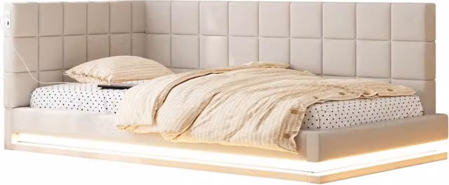 Divano letto 90x200 cm in lino beige con LED， porta USB e rete a doghe， senza materasso