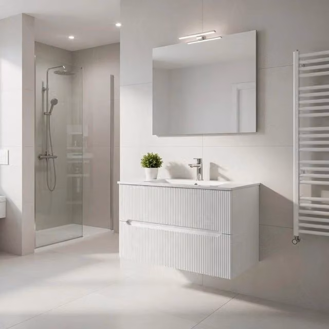 Composizione mobile bagno sospeso con cassetti cm 90 cannettato mod. STICK - Bianco Opaco