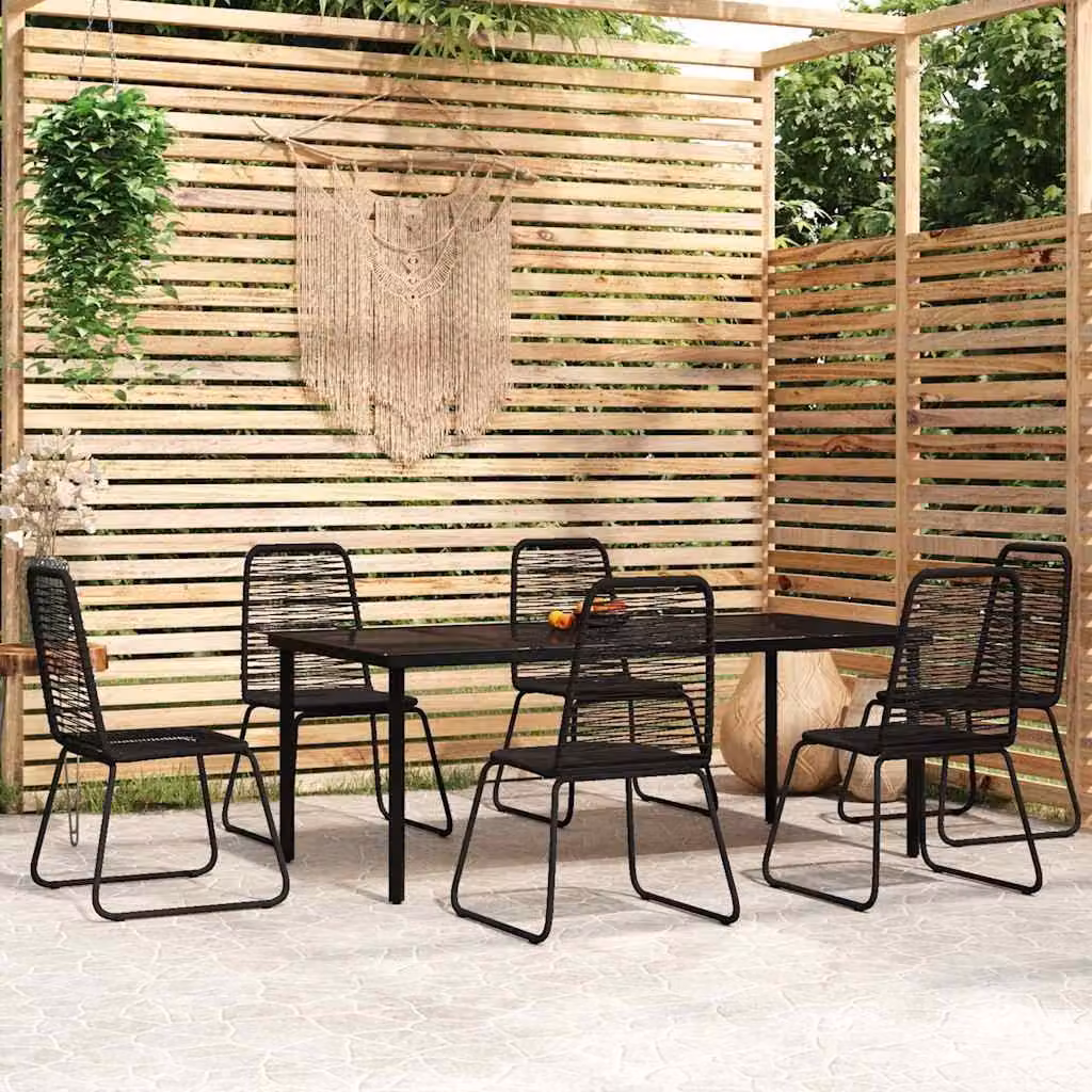 Set da pranzo per giardino vidaXL in polyrattan nero con cuscini e tavolo in vetro, 7 pezzi