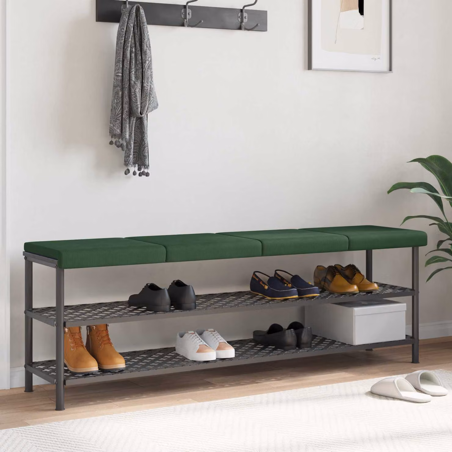 Set di 4 cuscini per panchina vidaXL in velluto a coste verde scuro con base antiscivolo e imbottitura in schiuma, L/P/H: 40 x 38 x 35 cm