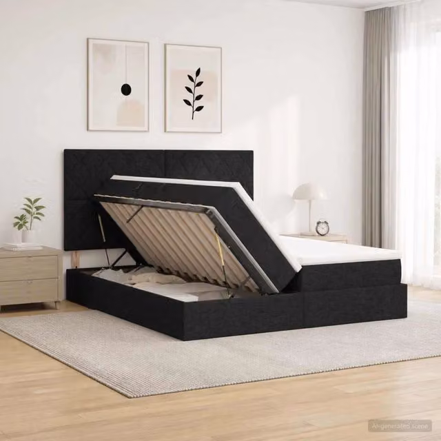 Letto con contenitore e testiera vidaXL in tessuto nero L/P/H: 200 x 200 x 140 cm