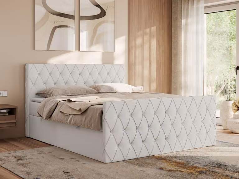Letto con rete a molle MKS MEBLE, 160x200, con contenitore, letto 160x200 con materasso H3, letto con rete a molle 160x200 con topper - Miren Duo - Bianco, ecopelle - H3