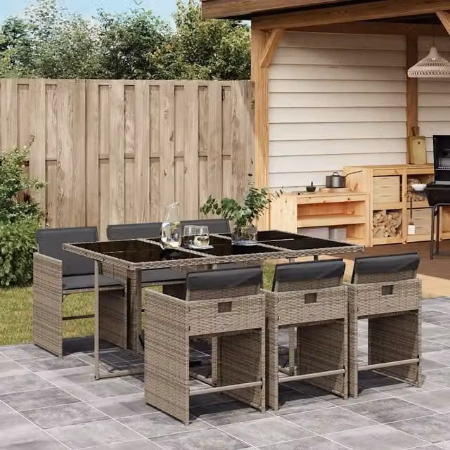 Set da pranzo da giardino vidaXL in polyrattan e vetro con 7 pezzi e cuscini, colore grigio e nero – 1