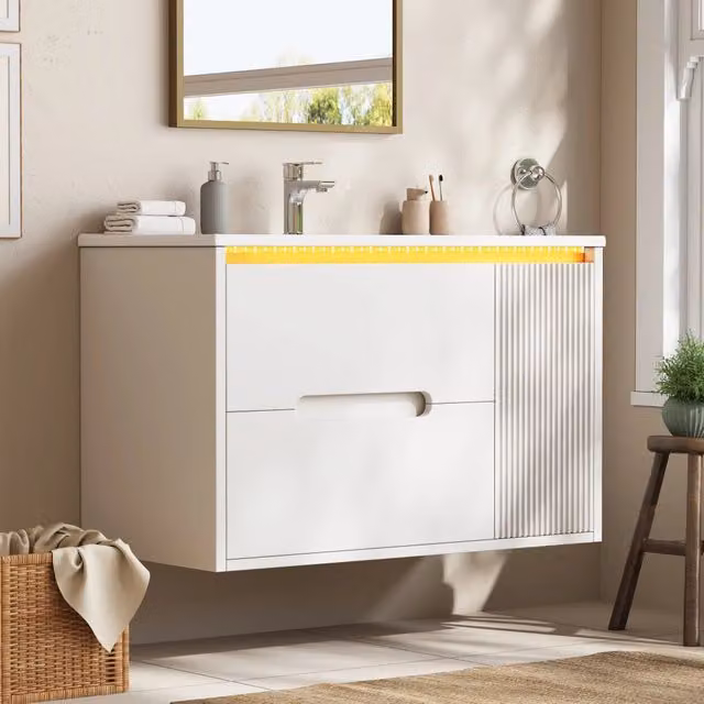 Mobile lavabo sospeso 81 cm con lavabo in ceramica, texture ondulata, illuminazione LED, cerniere soft-close, ripiani regolabili, cassetti e ante, bianco, senza rubinetto