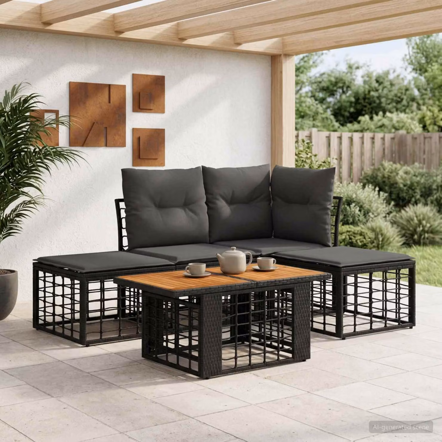 Set Divano da Giardino vidaXL 5 Pezzi in Polyrattan con Cuscini, Tavolino e Pouf, Design Moderno a L, Nero e Grigio