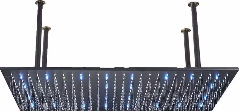 Soffione doccia a pioggia, montaggio a soffitto, tappetino LED nero