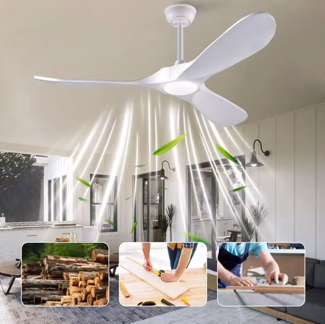 Ventilatore da soffitto bianco con LED dimmerabile, pale in legno e telecomando