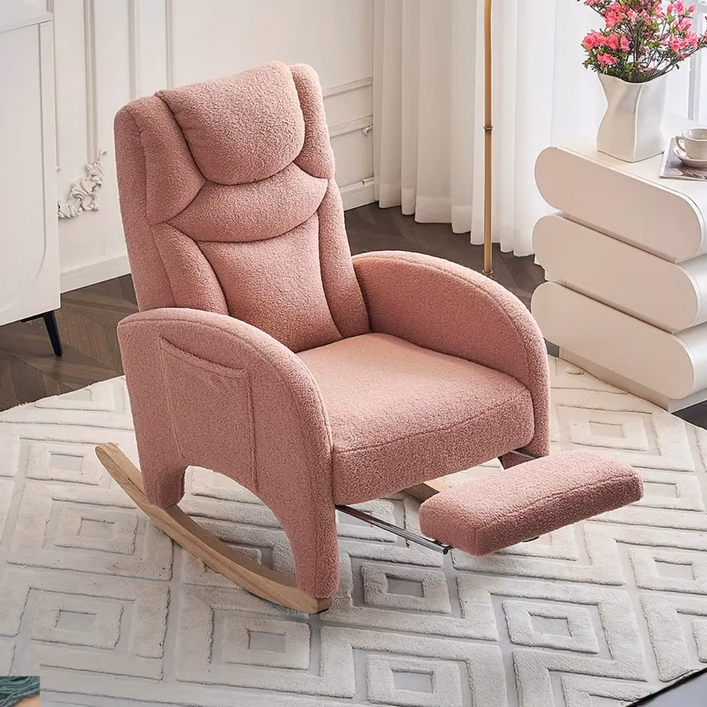 Sedia a dondolo Chicfurn con poggiapiedi pieghevole e schienale ergonomico in tessuto bouclé rosa L/P/H: 125 x 66 x 101 cm – 2