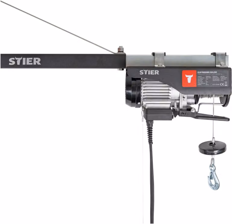 Paranco elettrico a fune STIER, portata 250 kg, potenza 500 W, altezza di sollevamento fino a 12 m, incl. staffa di montaggio, facile installazione, sicurezza grazie all'interruttore di emergenza