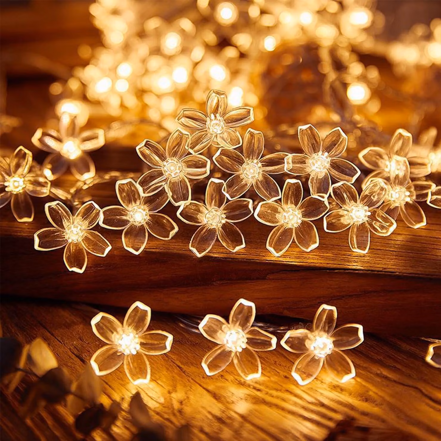Catena luminosa a forma di fiori, 6 metri, 40 LED, luce bianco caldo, alimentazione a batteria, 2 modalità