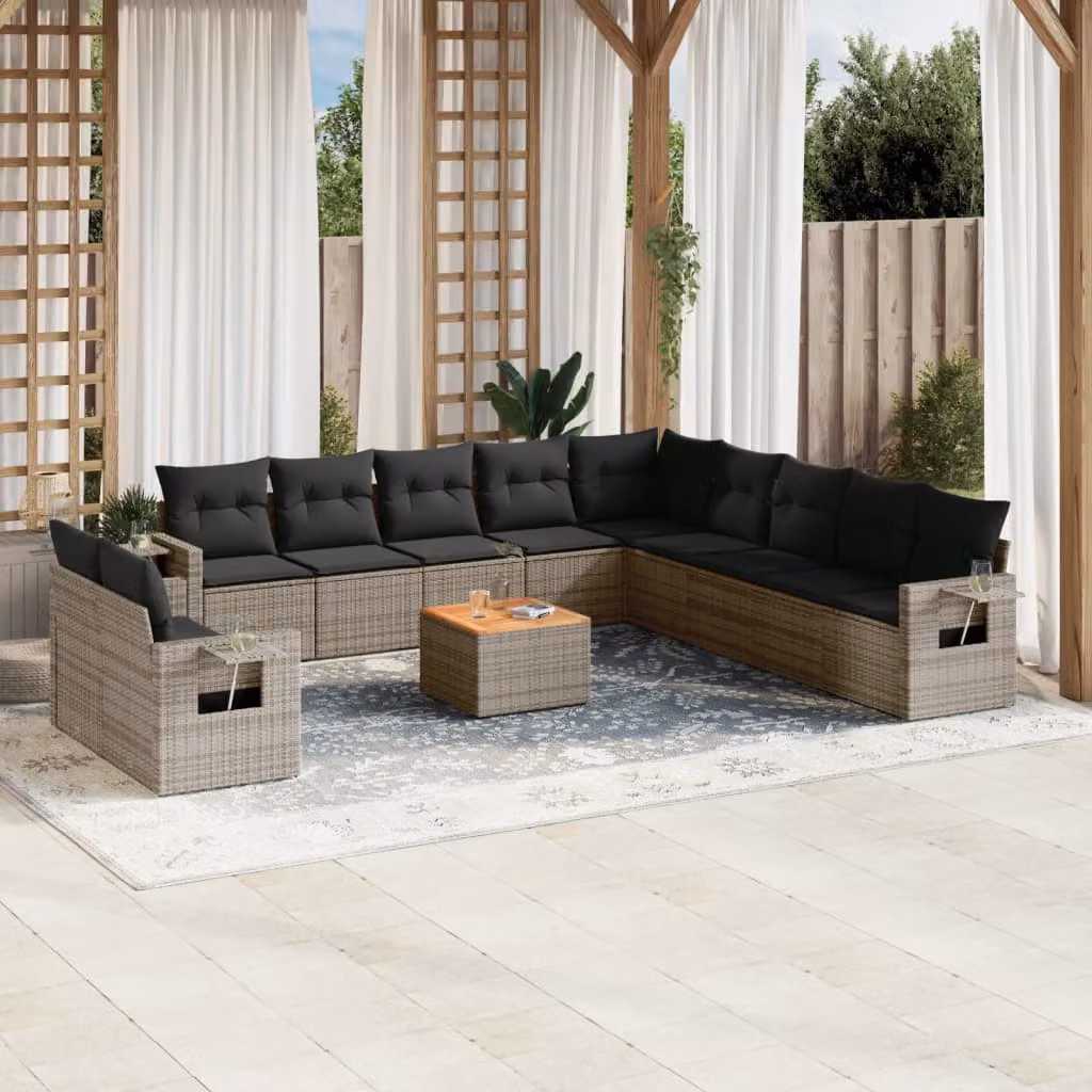vidaXL Set di Divani da Giardino 12 Pezzi in Polyrattan Grigio con Cuscini e Tavolino da Esterno – 1