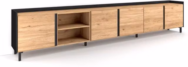 Mobile TV Soggiorno, 309x61x35 cm, Per TV fino a 80", Design industriale, Rovere e nero