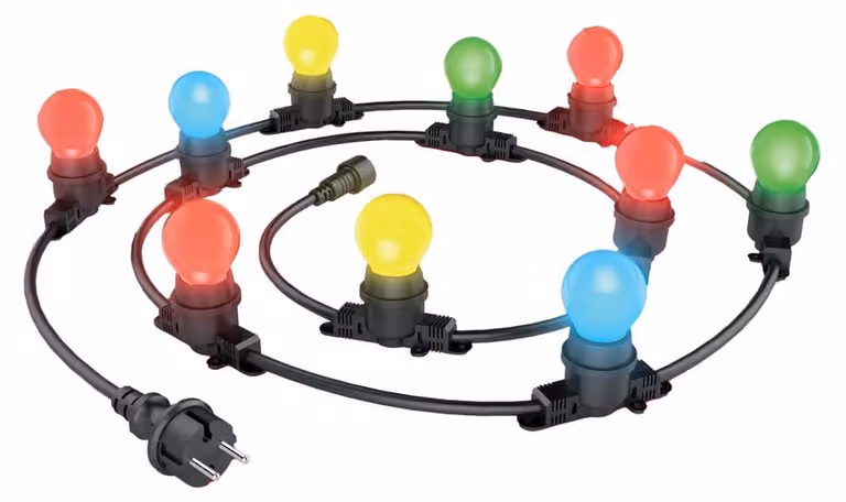 Catena luminosa per esterni, estendibile, con 10 LED colorati, attacco E27