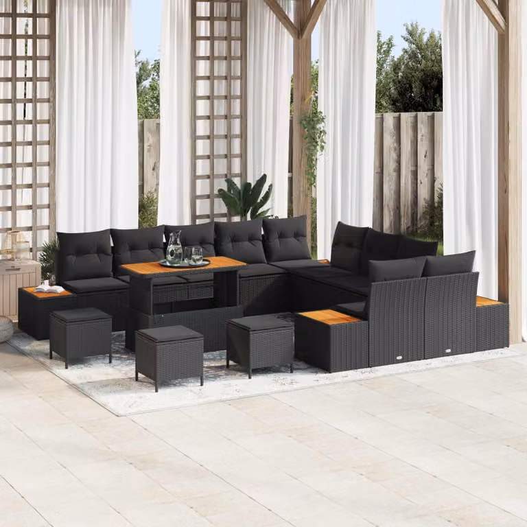 Set Divano da Giardino vidaXL a Forma di U con 14 Pezzi, Colore Nero, con Cuscini e Tavolino da Esterno