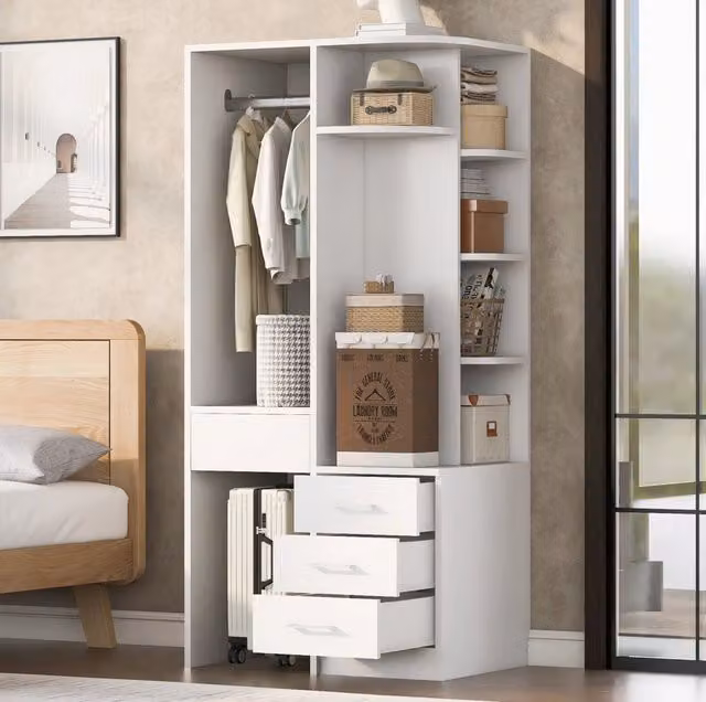 Armadio freestanding 70x55x175 cm con ripiani; barra appendiabiti e cassetti; bianco