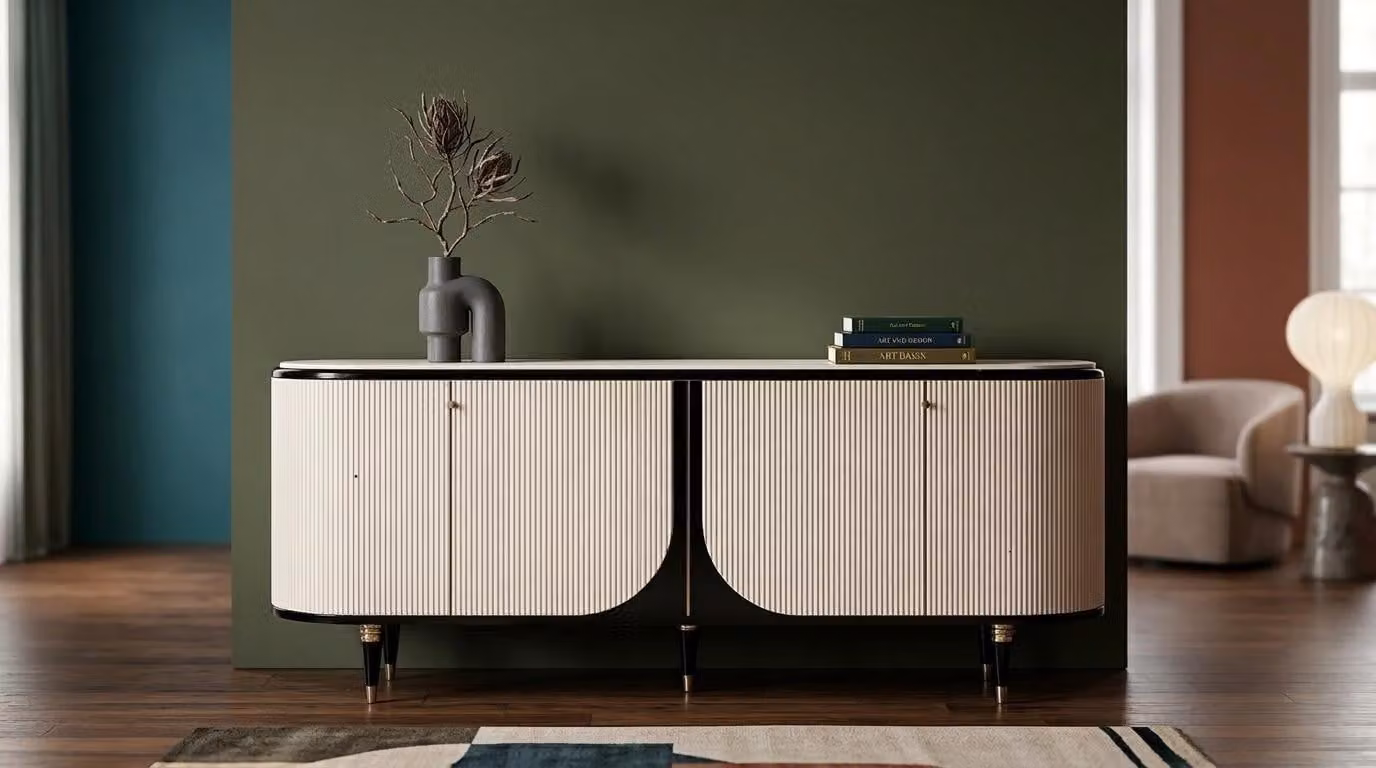 Elegante mobile bar beige in legno, con ante a battente e frontale sagomato