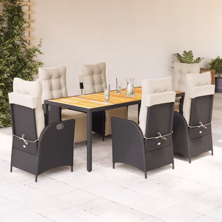 Set da pranzo da giardino vidaXL in legno di acacia oliato e polyrattan, 7 pezzi, nero e bianco