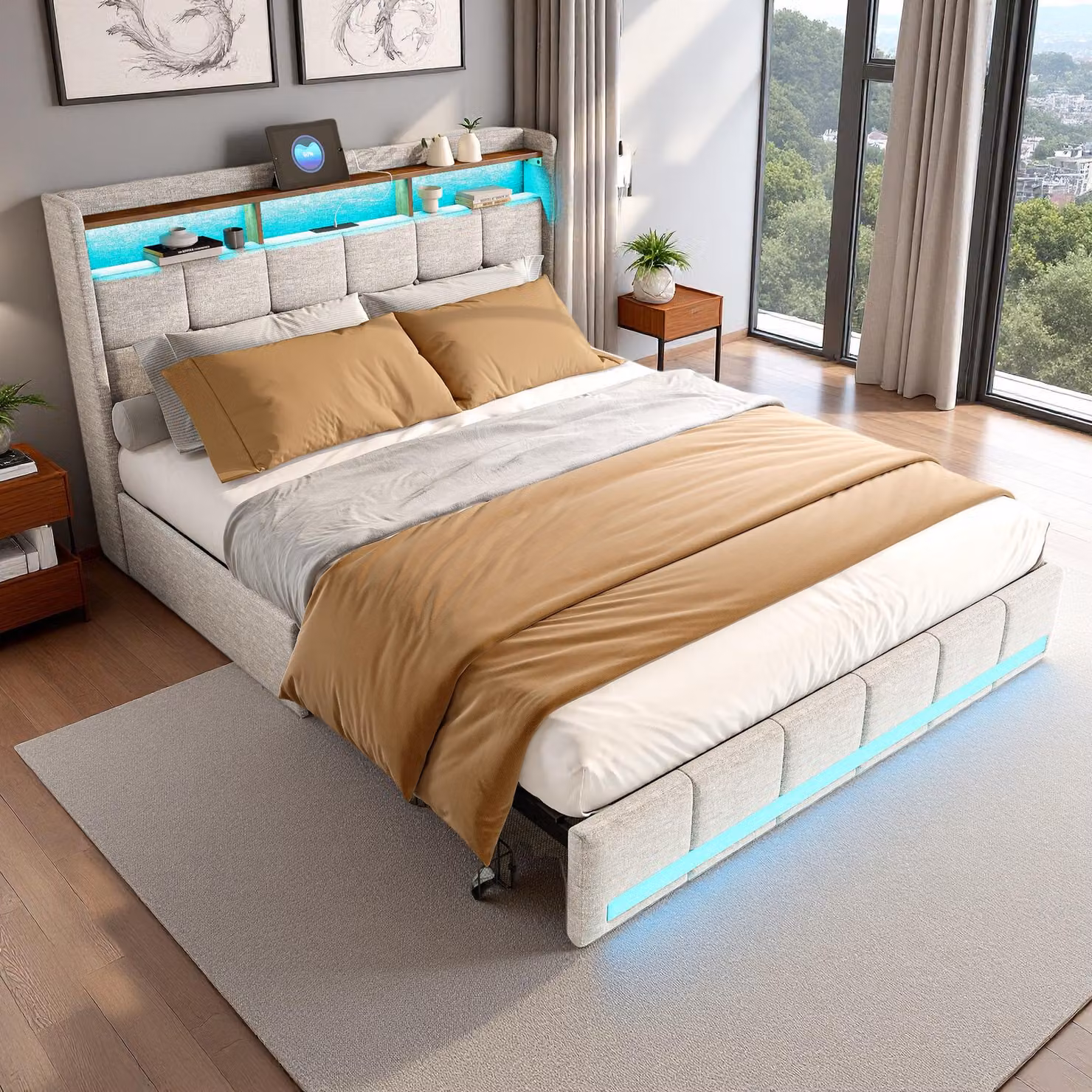 Letto imbottito ProximaX 180x200 cm - Lino beige, 4 cassetti, illuminazione LED, connessione USB e Type-C - Ideale per camere da letto