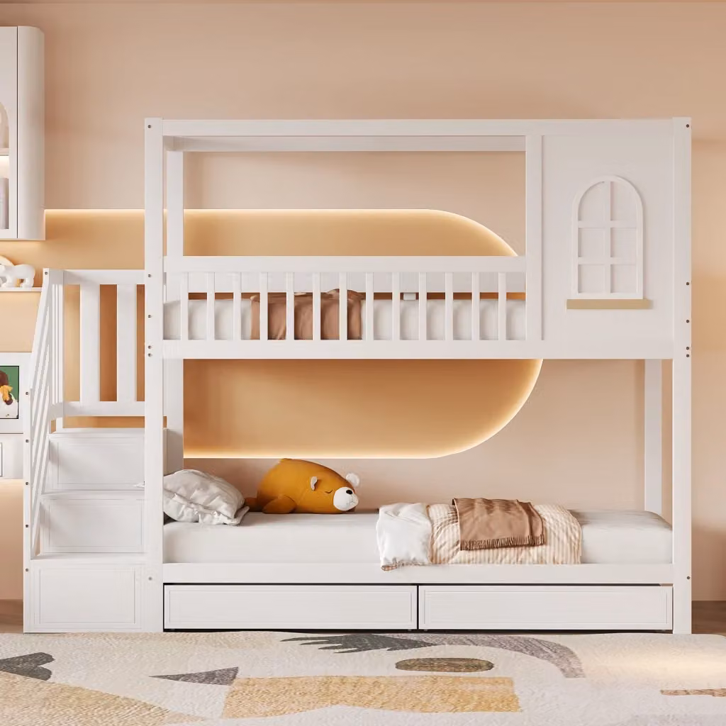 Letto a castello Chicfurn in legno bianco con 2 cassetti e scala di sicurezza per bambini L/P/H: 200 x 90 x 160 cm – 2