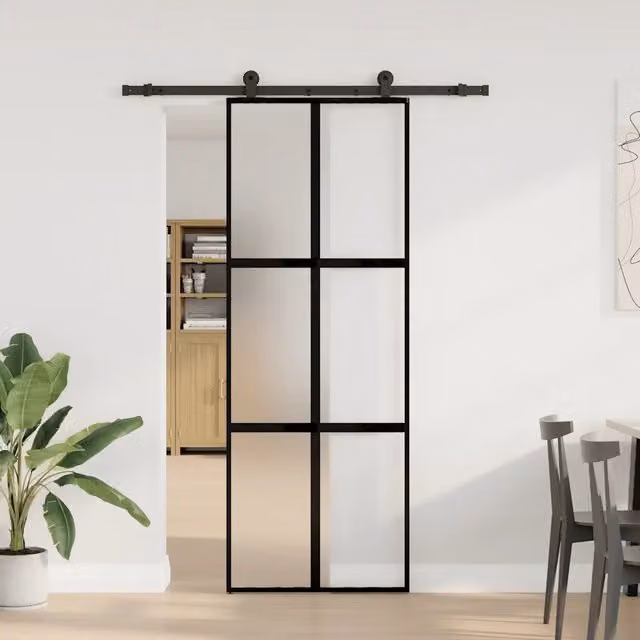 Porta Scorrevole vidaXL in Vetro Temperato e Alluminio, Colore Nero, L: 76 cm, H: 205 cm