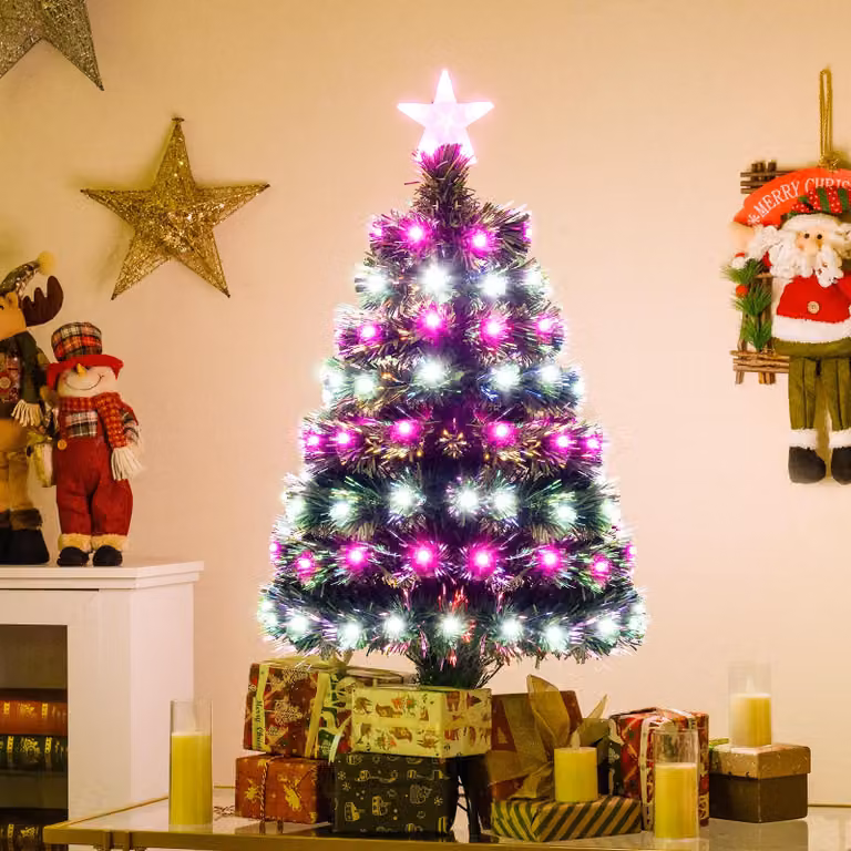 COSTWAY Albero di Natale artificiale da 90 cm, albero di Natale con illuminazione, 96 punte dei rami in PVC, fibre di vetro multicolore, 96 LED viola e bianchi, 8 modalità