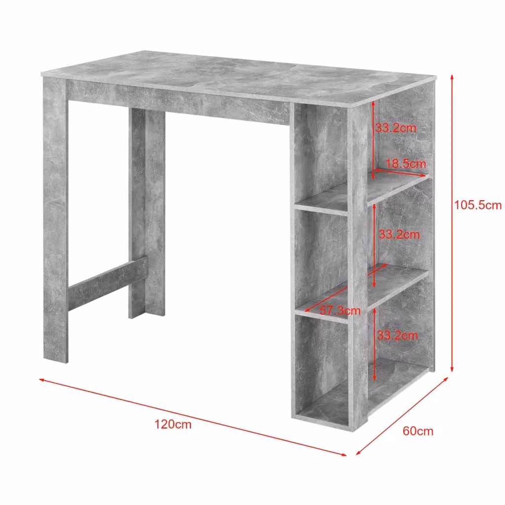 Tavolo alto da bar Danderyd en.casa con 3 ripiani laterali, effetto cemento grigio, L 120 cm x P 60 cm x H 106 cm – 2