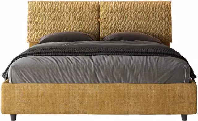 Letto Matrimoniale Mados con Contenitore e Rete, Testata Imbottita in Tessuto Giallo, L/P/H: 160 x 200 x 110 cm