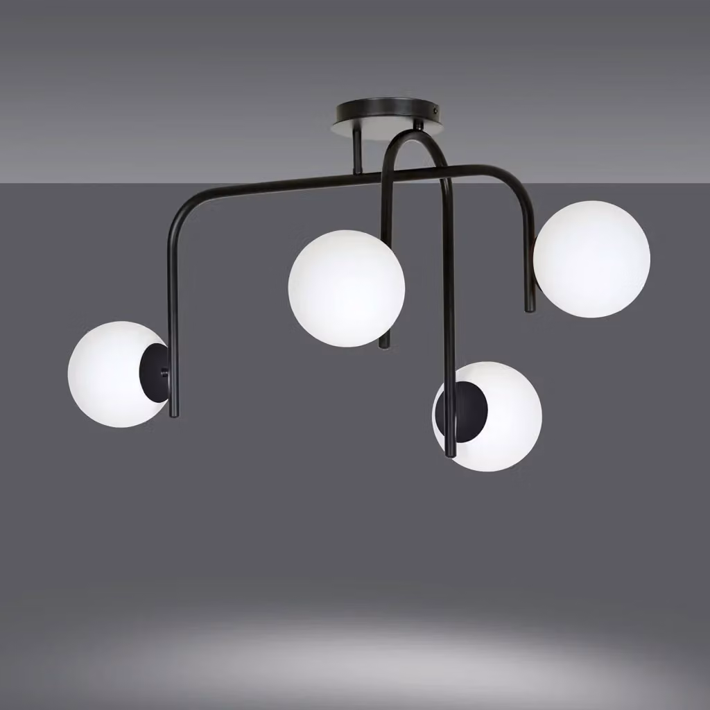 Lampadario a sospensione Ramachandra Luceart-Classic con 4 luci a bracci in acciaio nero e sfere in vetro opalino bianco – 2