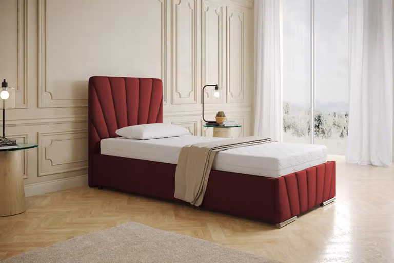 Letto imbottito RAY - Letto comfort con contenitore, letto singolo, rosso, 90x200 cm, materasso a molle Bonell, H3