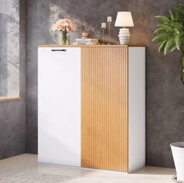Mobile alto multiuso 80 x 40 x 110 cm in MDF bianco e rovere con ante a lamelle