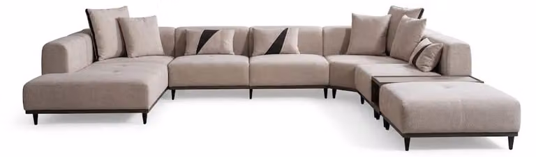 Divano ad angolo a forma di "U", beige, in tessuto, con struttura in legno, design moderno e contemporaneo, tinta unita, confortevole