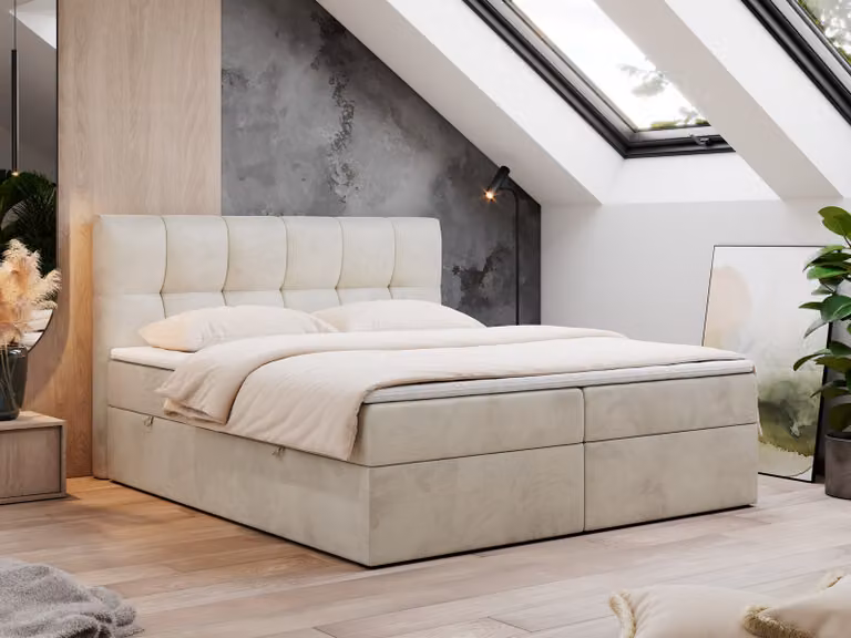 Letto boxspring 180x200 con contenitore, letto con materasso a tasche - topper H4, letto imbottito 180x200 con contenitore e testiera, letto boxspring con materasso H4 - RICO - 180x200 - Beige - Velvet - H4