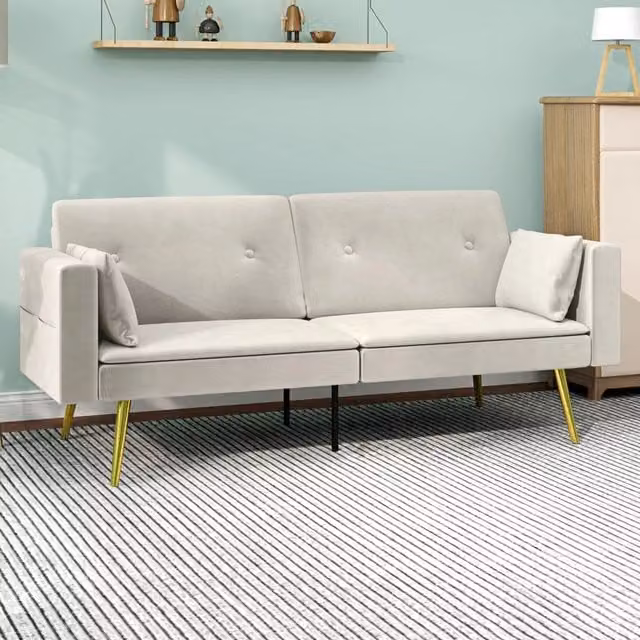 Divano letto WISHDOR a 2 posti in velluto beige con schienale regolabile e cuscini inclusi, ideale per soggiorno o camera da letto