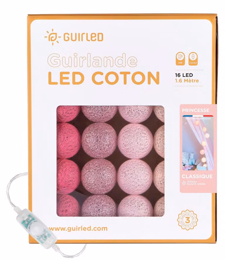 Catena luminosa con 16 palline di cotone, alimentazione USB, timer, 3 livelli di luminosità, lunghezza 1,6 metri