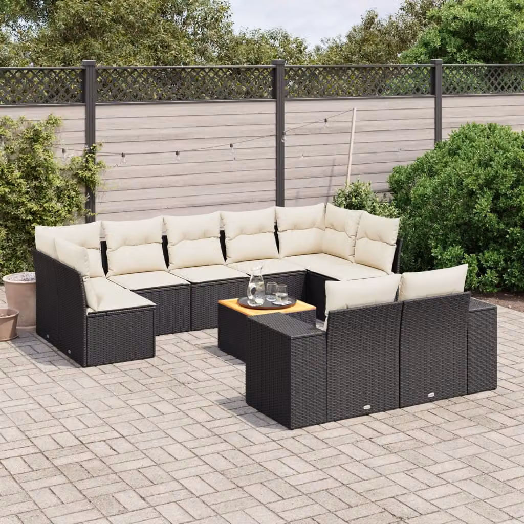 vidaXL Set Divani da Giardino a Forma di U in Polyrattan Nero con Cuscini e Tavolino da Caffè – 1