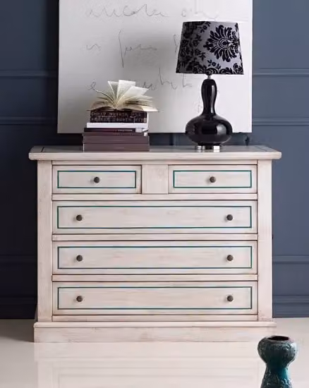 Cassettiera in legno di pino shabby chic Mobili 2G bianco anticato e azzurro L: 117 cm, P: 51 cm, H: 101 cm