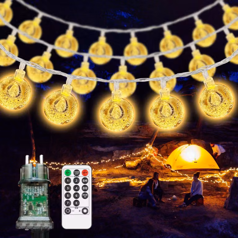 Catena luminosa a LED, 12 metri, 60 LED bianco caldo, grado di protezione IP44, 8 modalità