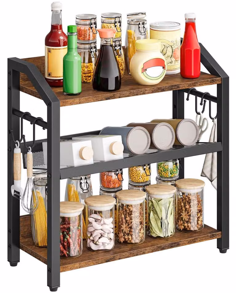 Ripiano portaoggetti da cucina per piano di lavoro, con 3 ripiani e 4 ganci a forma di S, aspetto legno vintage/nero