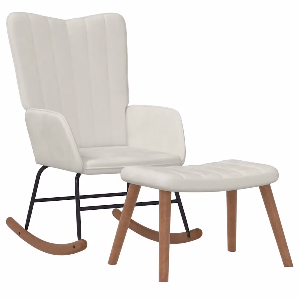 Poltrona a dondolo relax con poggiapiedi in velluto bianco crema – 2