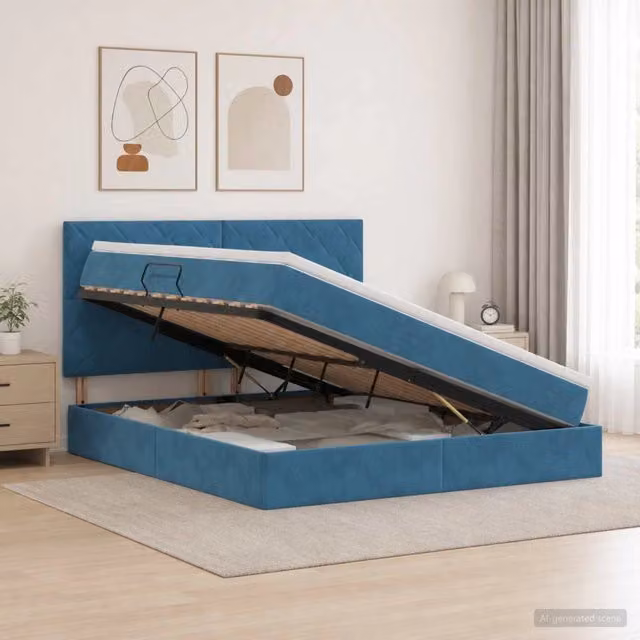 Letto con contenitore moderno vidaXL in tessuto blu con base sollevabile e porte USB – 1