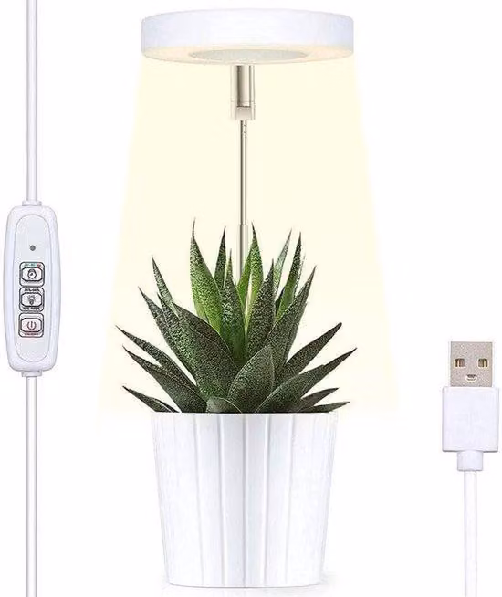 Lampada di coltivazione a LED, da utilizzare in vaso, con connessione USB, dimmerabile. Ideale per piccole piante. Dotata di timer a 12 ore, potenza di 18W, dimensioni 20cm, colore bianco