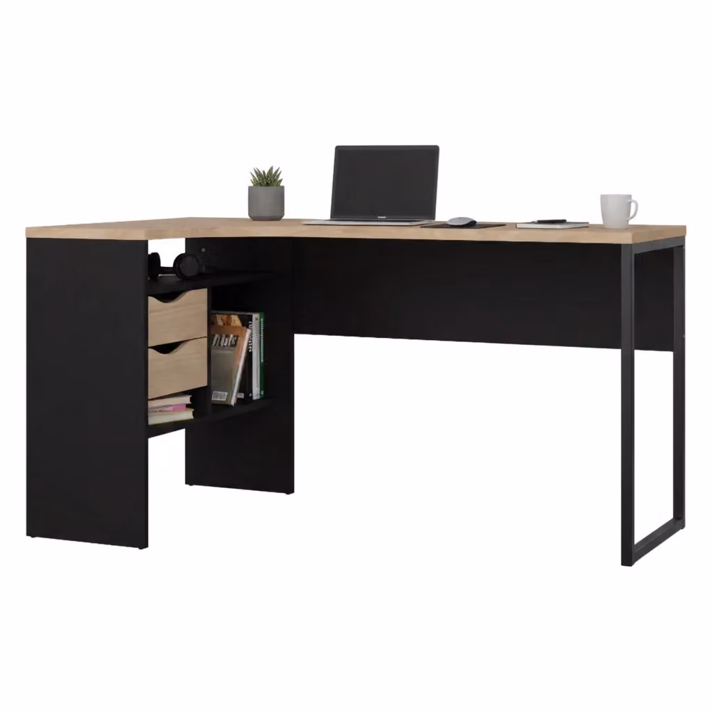 Scrivania Moire DMORA per ufficio e casa, tavolo moderno porta PC in legno nero e rovere, L: 145 cm, P: 81 cm, H: 77 cm – 2