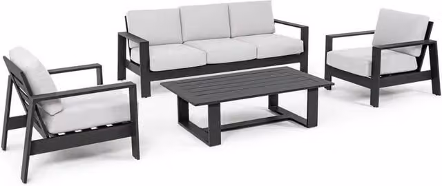 Set salotto da esterno Bizzotto Baltic per 4 persone con divano a 3 posti, poltrone e tavolino, struttura in alluminio verniciato e cuscini in tessuto con rivestimenti rimovibili, disponibile nei colori marrone e grigio